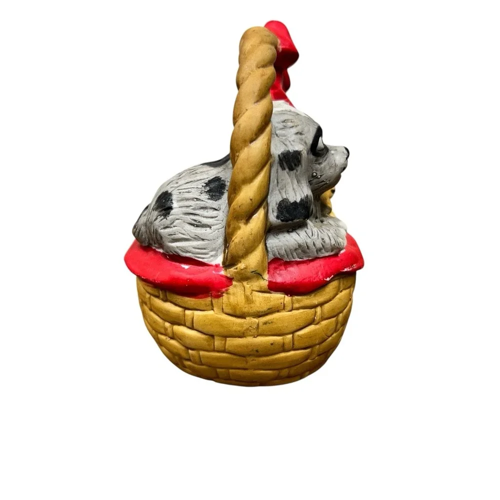 VTG 1985 Giftco Dog Basket‎ Bell Figurine Cute Puppies Red Bow Christmas Holiday